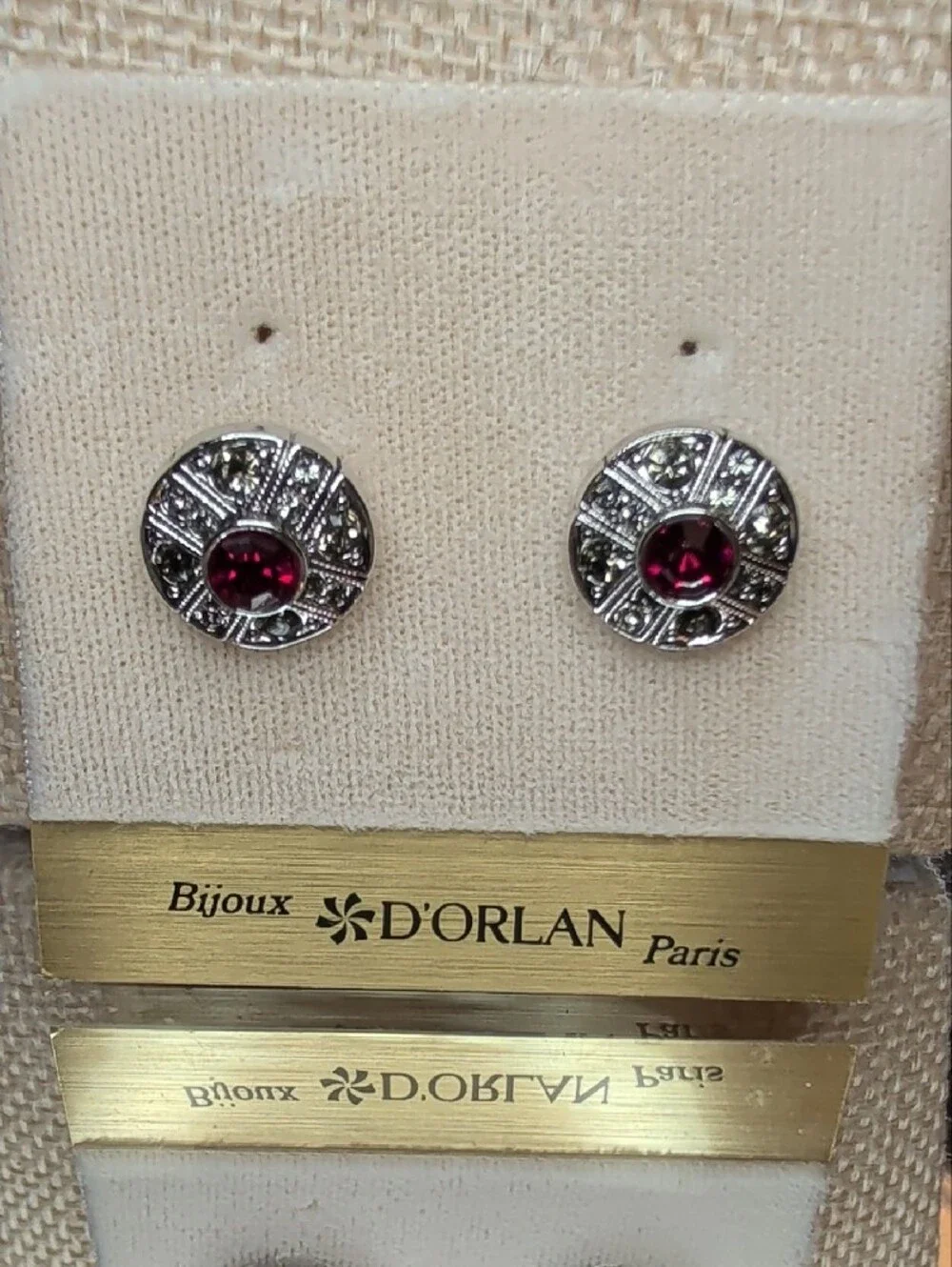 D'Orlan Vintage Rhodium Plated Stud Earrings with Pink Gem New